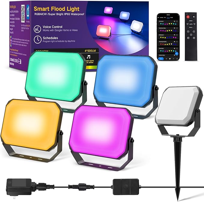 OUTON LED Flood Light Outdoor, 24W Smart RGBAICW Landscape Lighting with APP, Remote & Voice Control, 16 Million Colors, 2700K-6500K, IP65 Waterproof Uplights for Garden Party Stage, 4 Pack