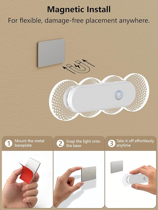 Rechargeable Motion Sensor Night Light, Battery Operated LED Night Light for Kids, Nursery, Bathroom, Toilet, Hallway, Stairs, Closet, Kitchen & Cabinet – Cordless Magnetic Wall Sconce, 2 Pack