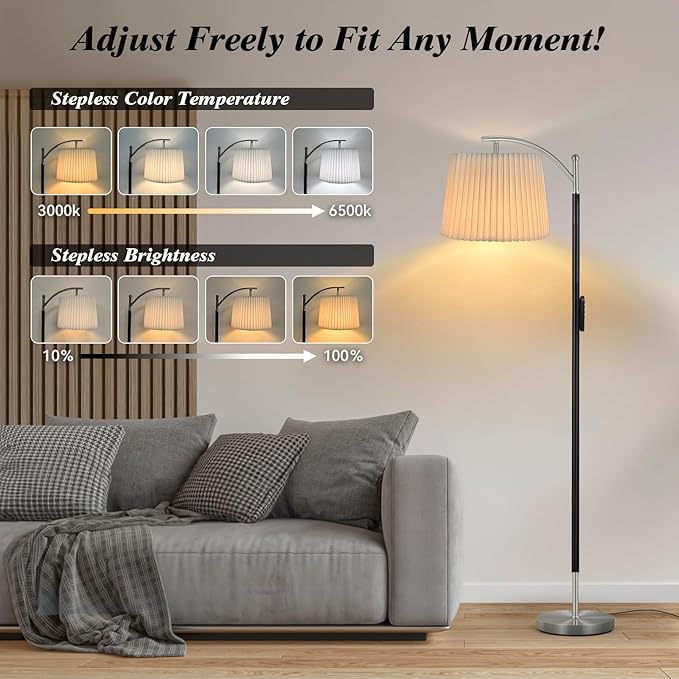 Etto Floor Lamp, LED Floor Lamp with APP & Remote & Touch Control, Stepless Color Temperatures and Brightness, Tall Standing Lamp with Pleated Lampshade for Living Room, Bedroom, Office(Nickel)