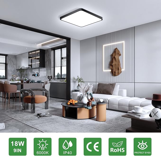 9Inch 18W Square LED Ceiling Light Fixtures Flush Mount, 6000K Cold White LED Ceiling Lamp, Surface Mount Modern Ceiling Lights, Black Slim Flat Panel Lighting for Bedroom, Kitchen, Bathroom Etc