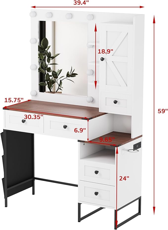 NUNU LAB Large Vanity Desk with Mirror and Lights with 5 Drawers, Women Makeup Table with Power Outlet, 3-Color Adjustable Lighting for Bedroom Brown (006 White & Brown, 39.37 * 17.75 * 58.27in)