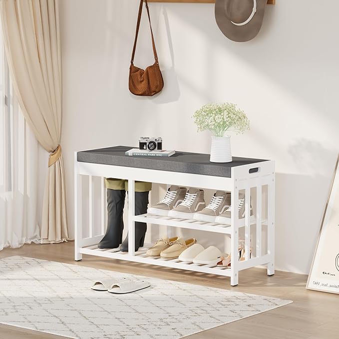 Shoe Rack Bench with Cushion,2 Tiers Shoe Bench with Flip-Top Storage,Wood Shoe Rack for Entryway, Hallway, Bedroom, Front Door Entrance (White)
