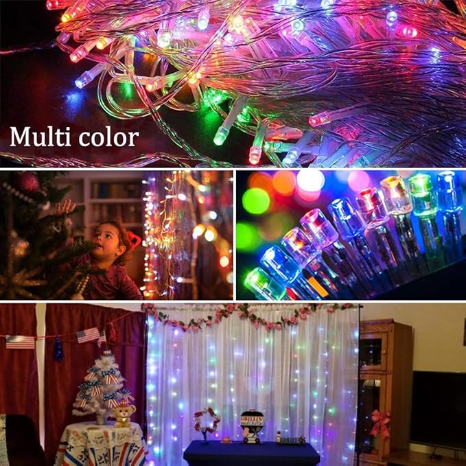 Fairy Curtain Lights,304 LED 9.8ftX9.8ft 30V 8Modes safety Window Lights with Memory for Home Wedding Christmas Party Family Patio Lawn Garden Bedroom Outdoor Indoor Wall Decorations(Multi Color)
