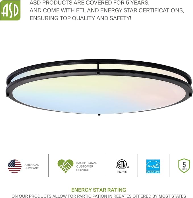 ASD LED 32" Oval Flush Mount Lighting, Close to Ceiling Light Fixture | 3CCT, Dimmable, Energy Star, ETL Listed | 45W 3750LM 3000-5000K 100-277V | Low Profile Double Ring Lamp | Dark Bronze