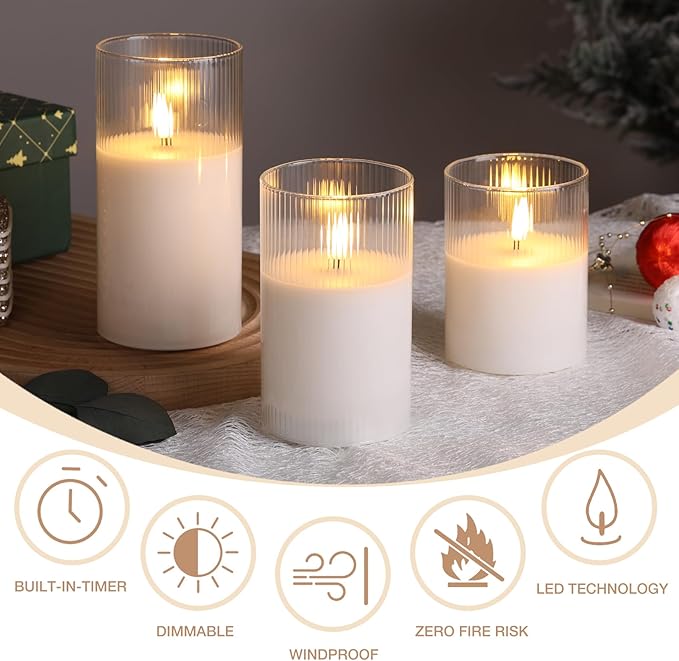 Eywamage Clear Ribbed Glass Flameless Candles with Remote, Flickering LED Pillar Candles Real Wax, Set of 3