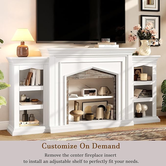 LGHM 80" Fireplace TV Stand for TVs Up to 90 Inch, Electric Fireplace with Mantel, Modern Entertainment Center with Storage, Fireplace Heater Insert with 3D Flame Effect for Living Room