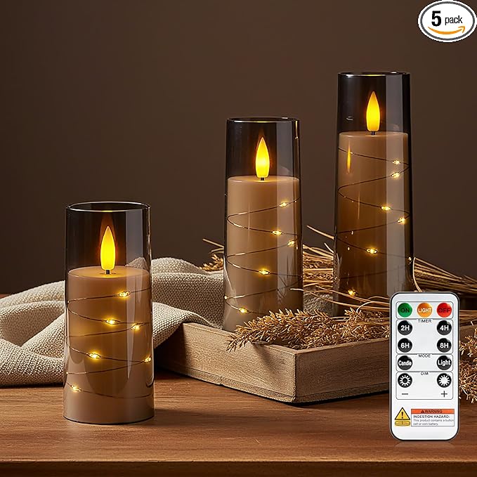 Raycare Flameless Candle with Remote Timer, 3 Flickering Acrylic Battery Operated LED Pillar Candles with Embedded Star String for Christmas, Home Decor, and as a Gift(Grey)