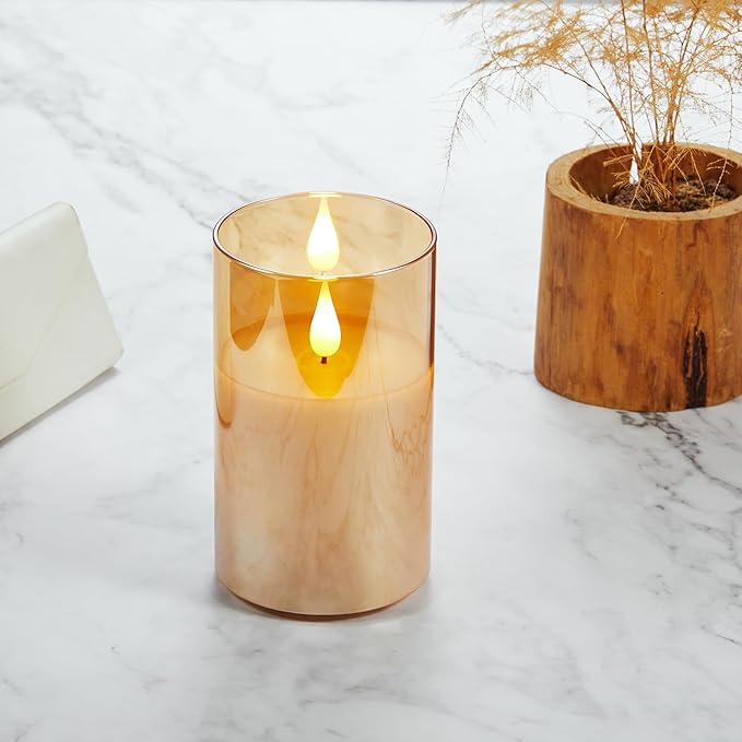 Battery Operated Flickering Flameless Candles with Remote and Timer, led Candle with 3D Wick Last 1000+ Hours Real Wax Electric Candles Pillar Candle, Gold Glass for Wedding, Festival 3" x 5"