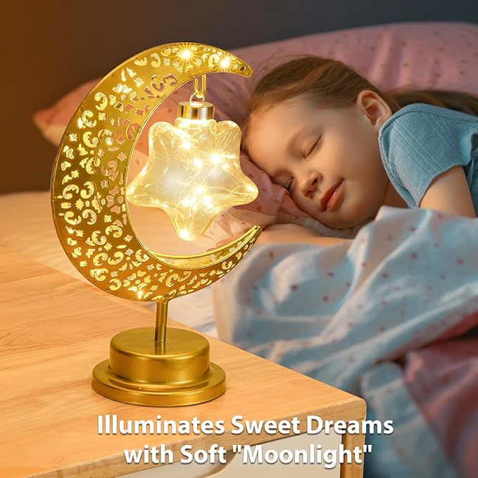 Lewondr Decorative Table Lamp, Battery Powered Ramadan Desk Lamp Decorations Crescent Table Light Lunar Star Moon Lantern for Bedside Nightstand Desktop Room Party, Eid Mubarak Decor, Warm Light