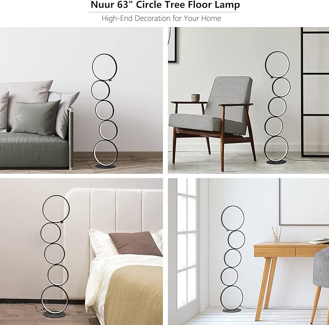 NUÜR 43.3" Modern Floor Lamp, Ring Standing Lamp, Dimmable, Metallic Feel, Artistic Trendy Design, Energy-Saving, Touch Switch, Ideal for Home, Office, Eco-Friendly