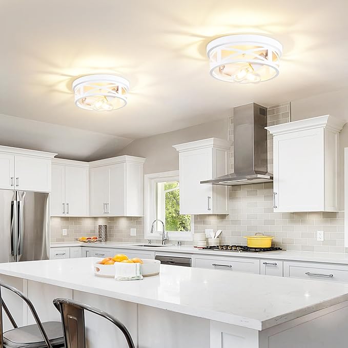 ZHU YAN 2 Pack Flush Mount Ceiling Light, White Hallway Light Fixture, Metal Cage, for Kitchen Entryway, E26 Base