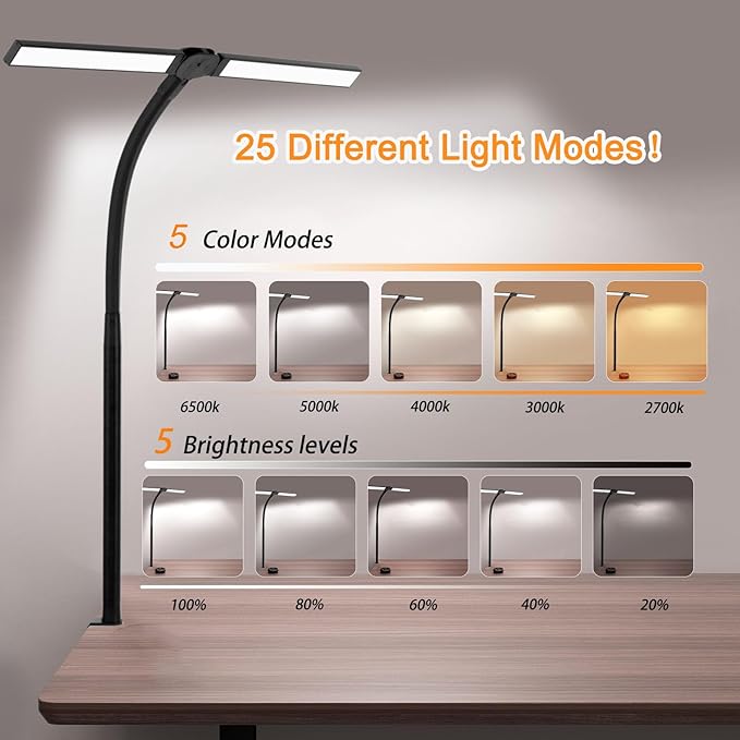 LED Desk Lamp for Home Office,Dimmable Computer Light with Clamp,24W 5 Color Double Head Study Lamp with Adjustable Flexible Gooseneck for Workbench Reading Drafting Monitor