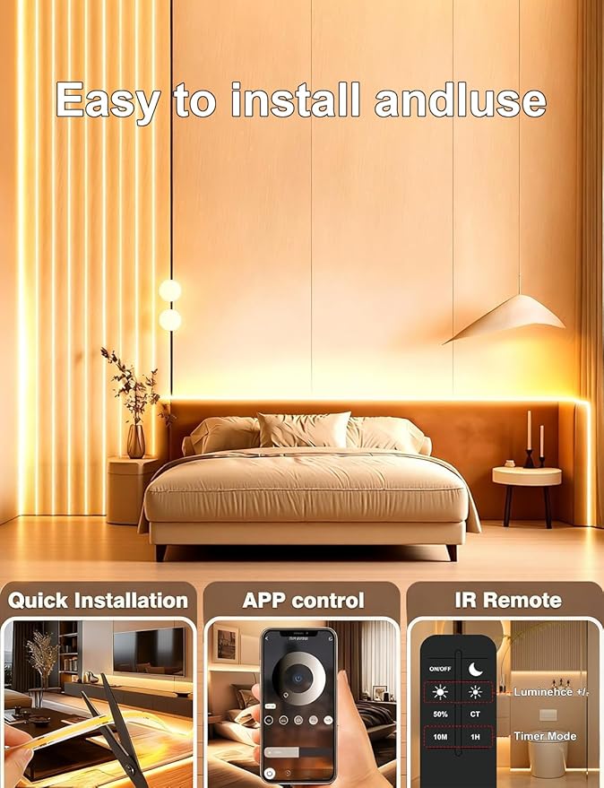 50FT COB LED Strip Light Outdoor Waterproof,15M Warm White 3000K Led Strip Lights Flexible 24V Remote & App Control Dimmable Led Tap Lighting for Room Bathroom,Kitchen ,Patio Garden ,Cabinet Shelf