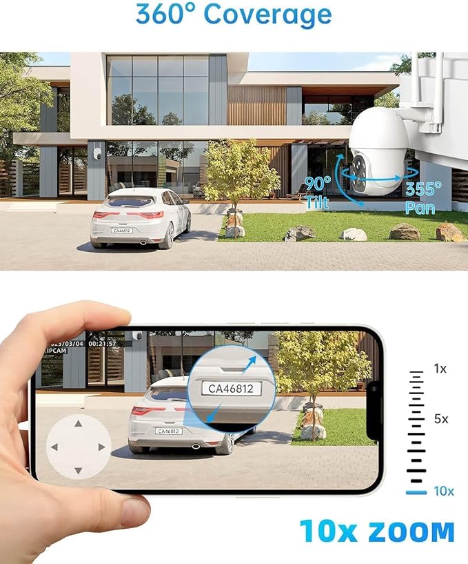 Securit Camer Wireless Solar Powered Outdoor for Home and Farm, ABS Fireproof Waterproof Material, 360° View, 2K HD Color Night Vision,Human Auto Tracking, 2-Way Audi (Wite)