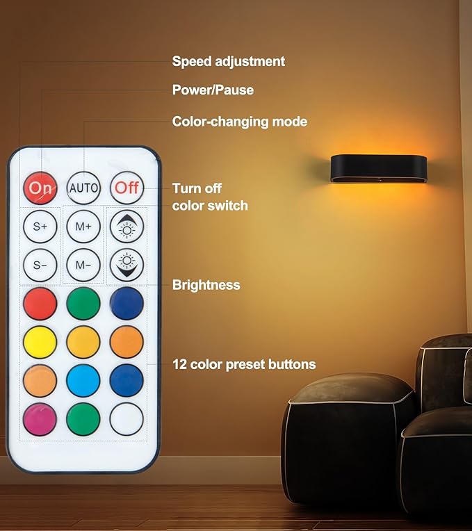 2Pcs RGB Wall Light with Remote Control, LED Indoor Wall Sconce, 6000mAh Rechargeable Battery Powered Wall Lamps, 12 Colors Wireless Wall Lamp for Bedroom Living Room Decor