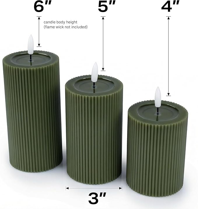 WYZworks Fluted Ribbed LED Pillar Candles, Loden Green, with Realistic Reflective Melted-Wax Effect – Flickering Flame, Remote, Dimmable, Flameless, Battery Operated, Home & Wedding Decor (Set of 3)