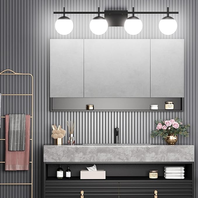Ralbay Black Vanity Lights for Bathroom Milky Glass Mid Century Modern Bathroom Vanity Wall Light Over Mirror, Black 4-Lights