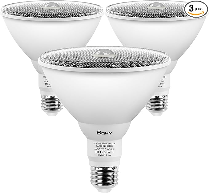 Motion Sensor Light Bulbs, 5500K Daylight Motion Activated Dusk to Dawn Security Light Bulb, 15W(100W Equivalent) E26 PAR38 Security LED Bulb Outdoor/Indoor, 3 Pack