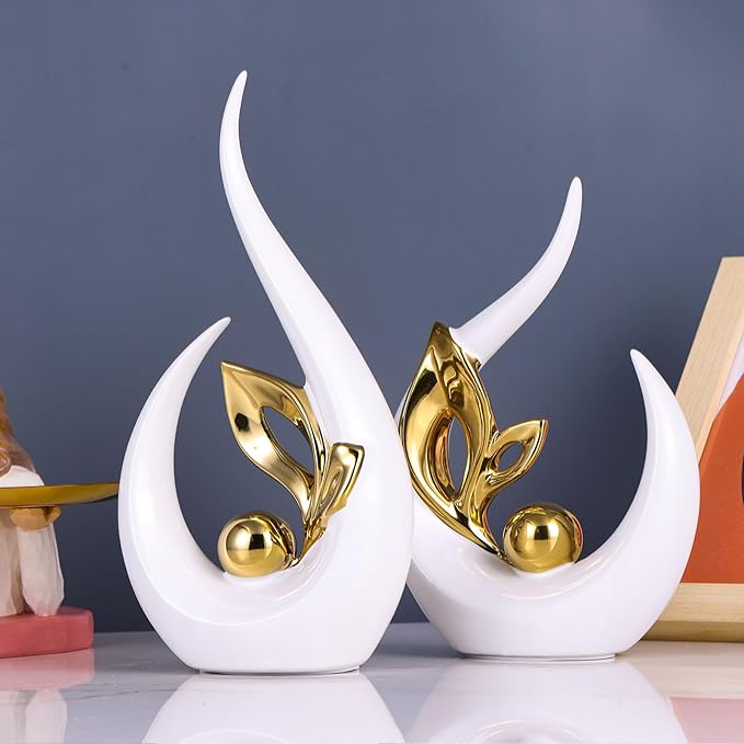 XMGZQ White Gold Ceramic Statues for Home Décor Accents,Abstract Art Mid Century Modern Decor,Elegante Centerpiece Table Decorations,Gold Sculpture for Entryway,Tv Stand,Mantel,Coffee Table