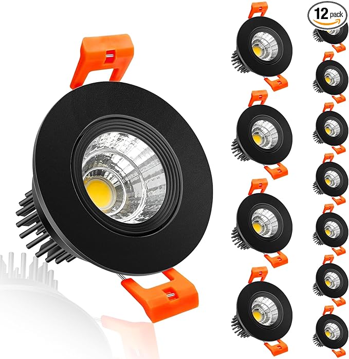 inShareplus 2 Inch LED Downlight, 3W Recessed Lighting 220LM COB Dimmable, 5000K Daylight White, CRI80, Black Trim, Ceiling Lights with LED Driver, 12 Pack