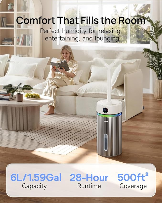 Feekaa Stainless Steel Humidifier Dishwasher Safe, 6L/1.6Gal Cool Mist Humidifiers for Bedroom, Easy to Clean Humidifier Large Room with Diffuser, Humidifiers for Baby Nursery Living Room Office Plant