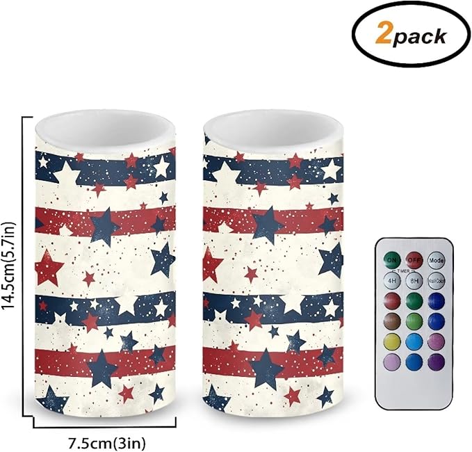 USA Flag Flameless Candles 2 Pack 6 x 3 inch Battery Operated Candles with Multicolor Timer Remote Control LED Fake Candles for Warm Light Dinner Table Home Decor