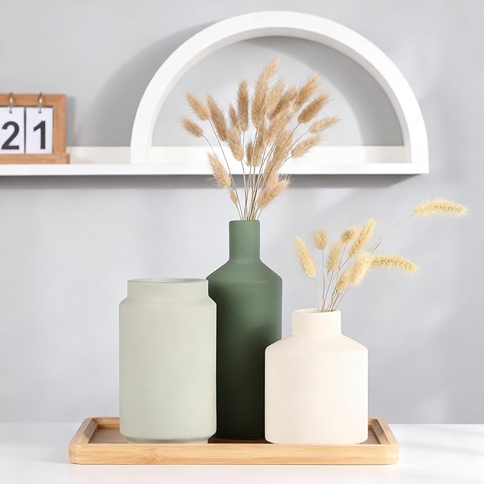 Modern 3 Piece Ceramic Vase Set - Minimalist Home Decor Vases for Living Room, Bedroom, or Entryway - Modern Neutral Table Decor for Flowers or Greenery, Shelf and Mantel Accent