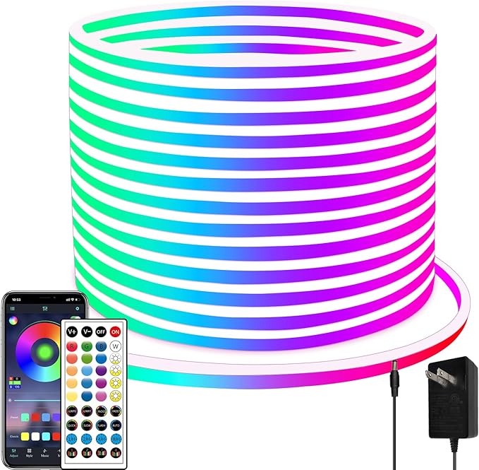 65.6FT Neon Rope Light,IP65 Waterproof RGB LED Strip Lights,Neon LED Lights with 40 Key Remote and APP Control for DIY Design,Multiple Modes for Bedroom,Holiday Decor（with Snap &Screws）
