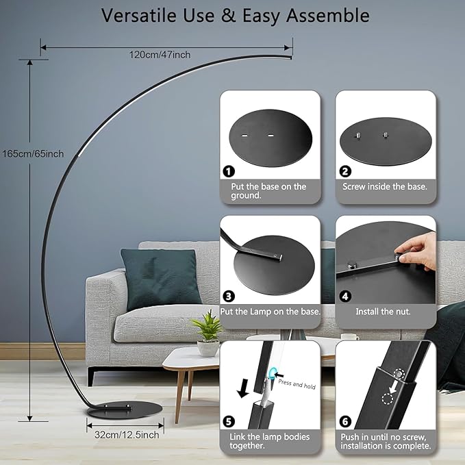 NUÜR Modern Arc Floor Lamp with Remote Control, 67" Tall Bright LED Standing Lamp, Stepless Dimmable & 3 Color Temperatures, Minimalist Curved Pole Light for Living Room, Bedroom & Office, Black