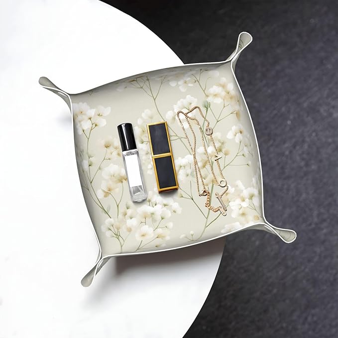 Tiny White Flowers Clusters Minimal Leaves Valet Tray Leather Portable Tray Desktop Storage Organizer Bedside for Men Women Jewelry Keys Coin Candy Sundries