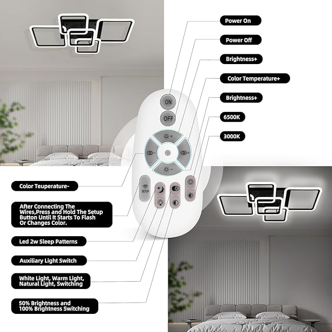 Modern LED Ceiling Light 5-Square Dimmable Black Flush Mount LED Ceiling Light with Remote for Living Room