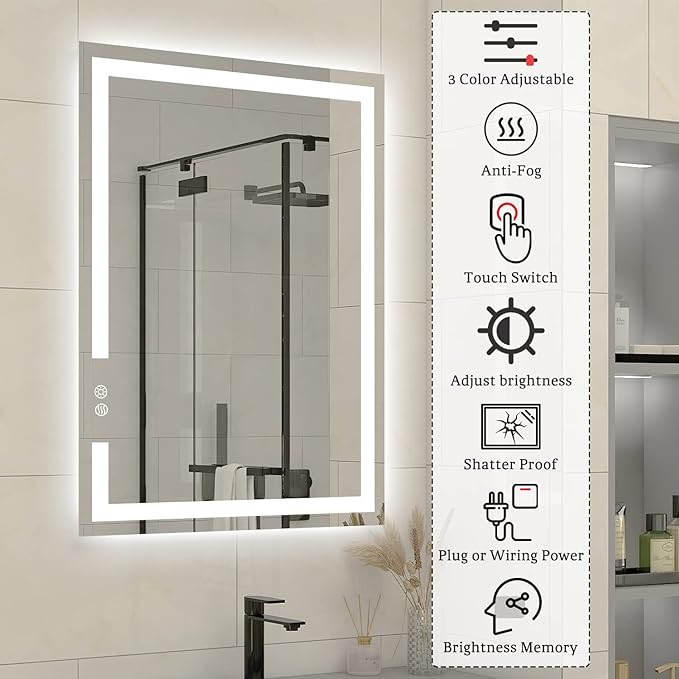 28 X 20 Inch LED Bathroom Vanity Mirror, 3 Colors Light Dimmable, Wall Mounted Memory Lighted Makeup Mirror with Anti-Fog Touch Switch (Front-lit&Backlit)