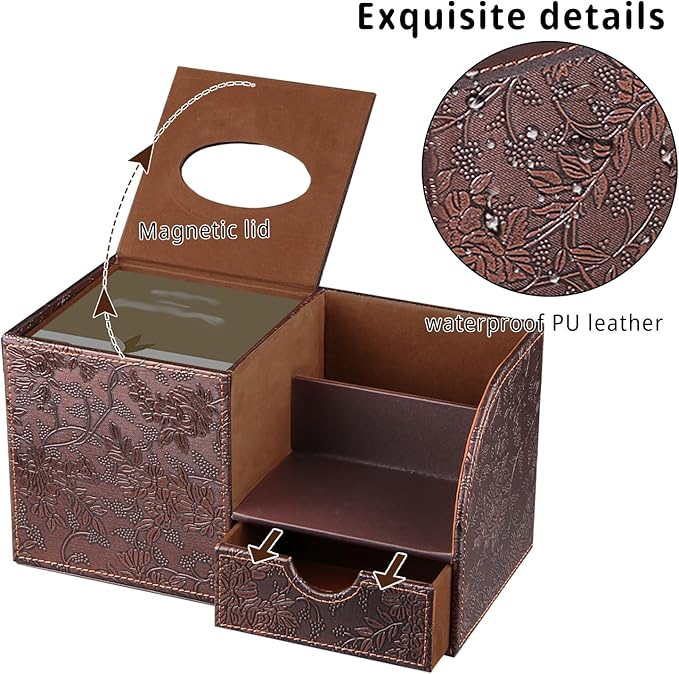 YAPISHI Square Tissue Box Cover with Storage Drawer, PU Leather Facial Tissues Cube Boxes Holder Modern Makeup Remote Control Holder, Nightstand Organizer Caddy for Bathroom Vanity, Office, Home Decor