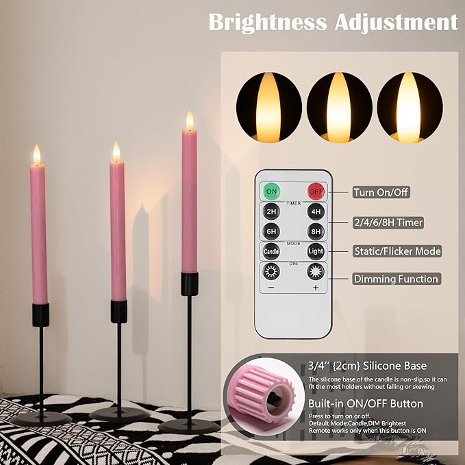 Pink Flameless Taper Candles with Remote, Real Wax Battery Operated LED Candles with 3D Flickering Flame, 9.6" Realistic Dripless Candlesticks for Valentine's Day Decor, Proposal Wedding, 3 Pack