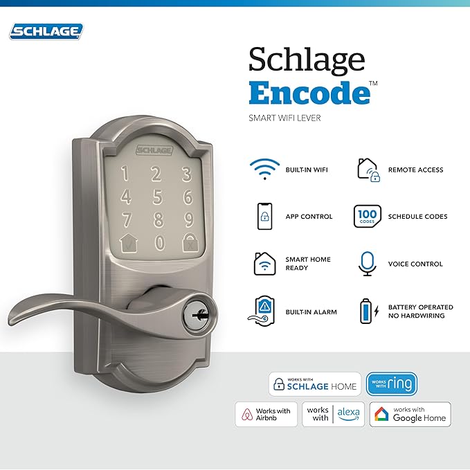 Schlage Encode Smart Wi-Fi Lock with Lever Handle, Touchscreen Keypad, Keyless Entry Door Lock, App Control, Alexa, Google Home and Airbnb Compatible, Satin Nickel, FE789WB CAM 619 Acc