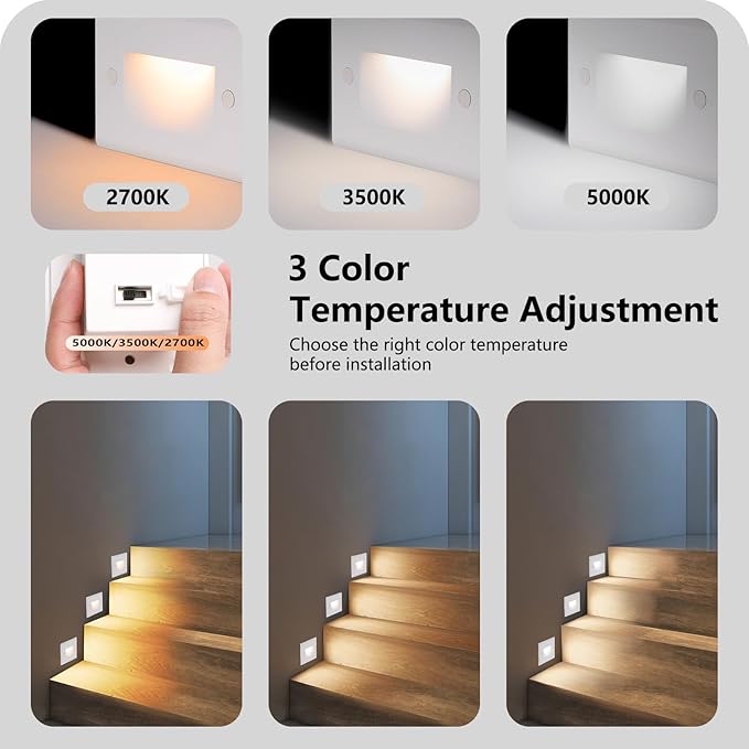 120V Dimmable 3CCT Step Lights,Stair Lights Outdoor,Zinc Alloy/Aluminum Cover, 2.5W 150LM IP65 Waterproof LED Stair Lights, 2700K/3500K/5000K, CRI90, Beam Angle 30°, Black,White, Brown 6/Pack (White)