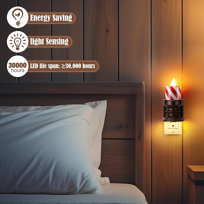 Meonum Flickering Flameless Candle Night Light Plug in, Dimmable LED Nightlight with Dusk to Dawn Sensor, Decorative Candle Light for Bedroom, Hallway, Bathroom(1 Pcs,Christmas Red & Brown Base)