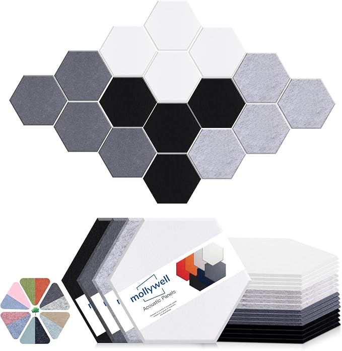 Mollywell Hexagon Acoustic Panels 14x12 - Reduce Echo & Reverb, Noise Blocking Wall Tiles for Studio & Home Office, Silver Gray, Moon Gray, Black, White Sound Absorbing Panels