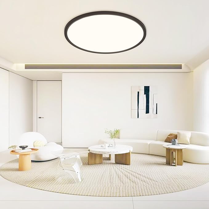 MOONSEA 24 Inch Flush Mount Ceiling Light Fixture 48W - 3000K/4500K/6000K Adjustable Round Large Kitchen Light Fixtures Ceiling 4800lm, Dimmable Light Fixtures for Bedroom, Black