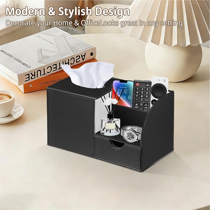 PUSU Square Tissue Box Cover with Storage Drawer, PU Leather Facial Tissues Cube Boxes Holder, Modern Makeup Remote Control Holder, Nightstand Organizer Caddy for Bathroom Vanity, Office, Home Decor