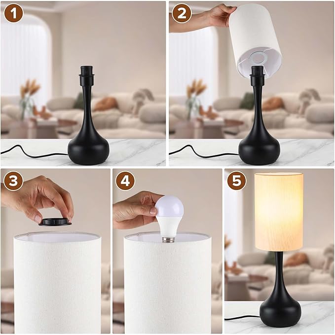 Mid Century Modern Droplet Table Lamp,Touch Control & 3-Way Dimmable,No Assembly Required Cyliner Shade,Black Vintage Farmhouse Bedside Lamp for Bedroom,Nightstand,Living Room,Office
