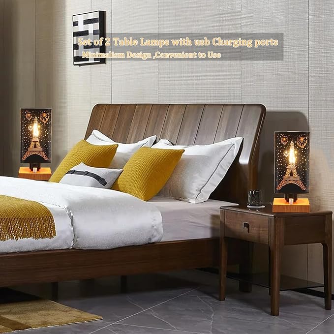Industrial Table Lamp Sets of 2 with USB Ports and Outlet, Rustic Dimmable Bedside lamp with Charging Station, Metal Square Shadow Nightstand Lamp for Bedroom Living Room End Tables