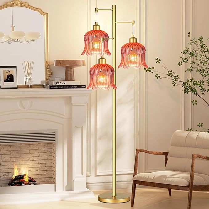Pink Floor Lamp for Living Room,Bedroom,Gold Mid Century Modern Standing Lamp Brass Tree 3 Light Tall Floor Lamps Floor Lights Glass Flower Lamp Shade Girls Kids Boho Bohemian