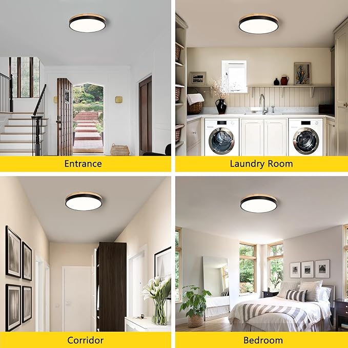 Round LED Flush Mount Ceiling Light, Modern Wood Ceiling Light, Minimalist Ceiling Lamp Black Ceiling Lighting Fixtures for Kitchen Bedroom Laundry Room Living Room Entryway Hallway&11.81 in