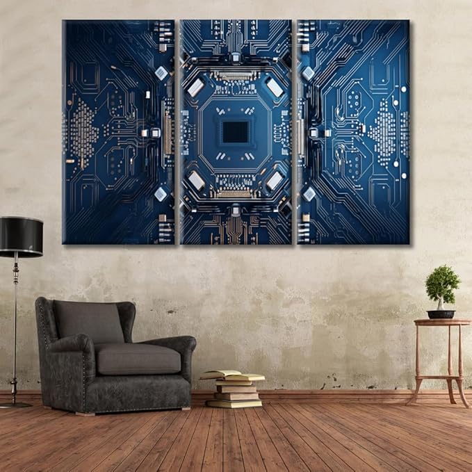 Large Size Motherboard Digital Chip Canvas Wall Art for Living Room 3 Panels Advanced Electronic Circuit Modern Painting Picture for Bedroom Office Home Wall Decorations Frame Wall Decor 60"Wx40"H