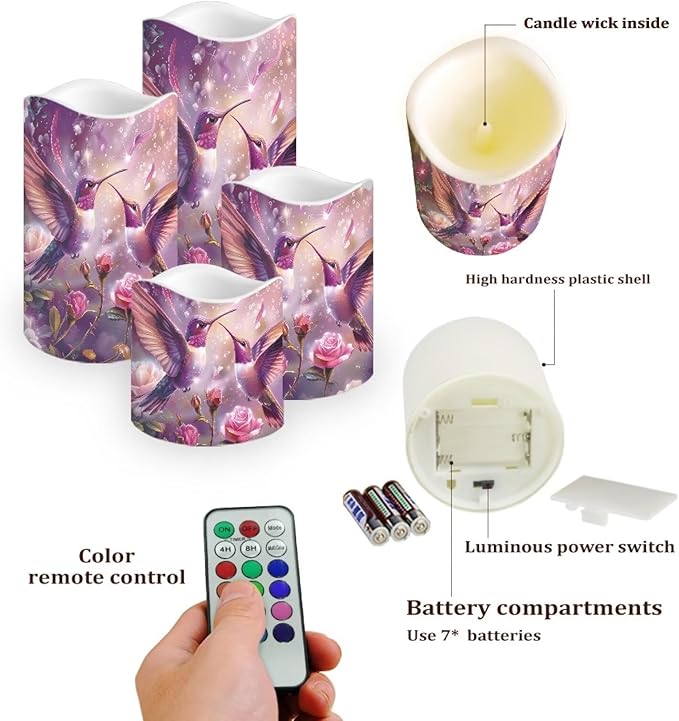 Purple Hummingbird Floral Plastic Flameless Candles with Remote Control and Timer LED Flickering Battery Electric Pillar Candles for Table Decoration