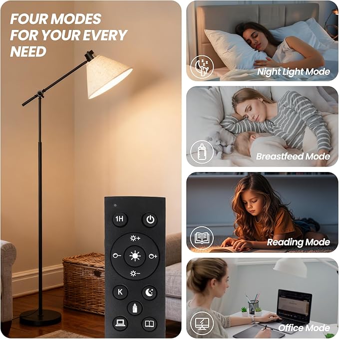 Remote Floor Lamp for Living Room and Bedroom - Modern Tall Standing Lamps with Led Bulb and Dimmable Light - Black Arc Stand Lights with Shade for Home Decor, Office, Reading and Corner