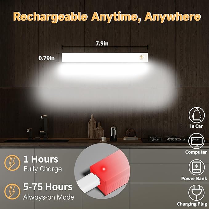 6 Pack Under Cabinet Light,Rechargeable Indoor Wireless Closet Lights for,Stairs Cabinet,Kitchen,Motion Sensor LED Lights with Magnetic 8 inch