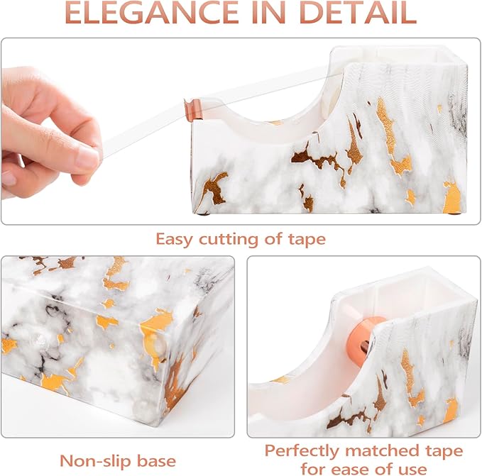 Office Desk Accessories Supplies - 14 Pcs Women Rose Gold Marble Desk Decor Set, Cute Aesthetic Office Essentials Kit, Stapler Tape Dispenser Pen Organizer, Acrylic Mini Teacher Stuff for School Home