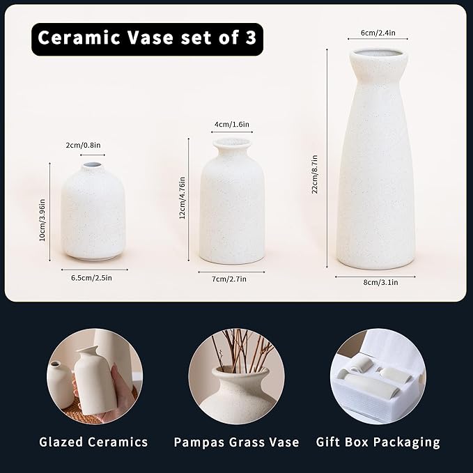 Ceramic Small Vase Set of 3,Modern Boho Farmhouse Home Decor,Pampas Grass Vase,Minimalist Decor,for Entryway Table,Bookshelf,Living Room, Bedroom,Kitchen,Coffee Table Decoration (White)